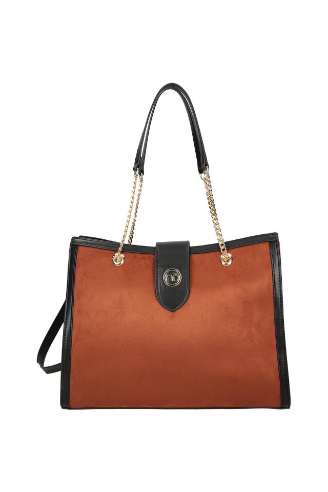 Geanta Nobo, Piele ecologica, 28 x 36 x 10.5 cm, Maro/Negru