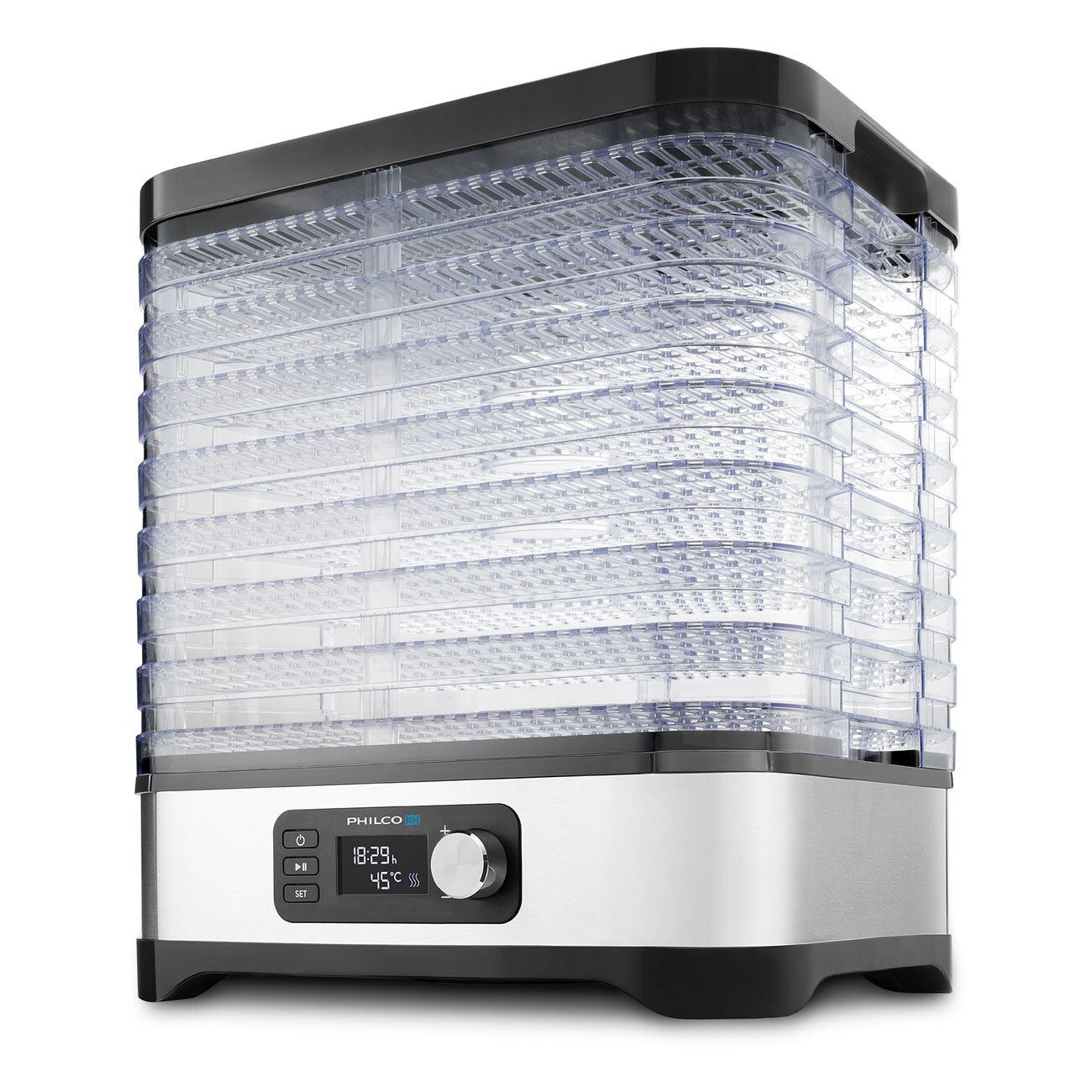 Deshidrator alimente, Philco PHFD 5080, 8 tavi, temperatura 35-70 C, display LED, termostat, inox/negru