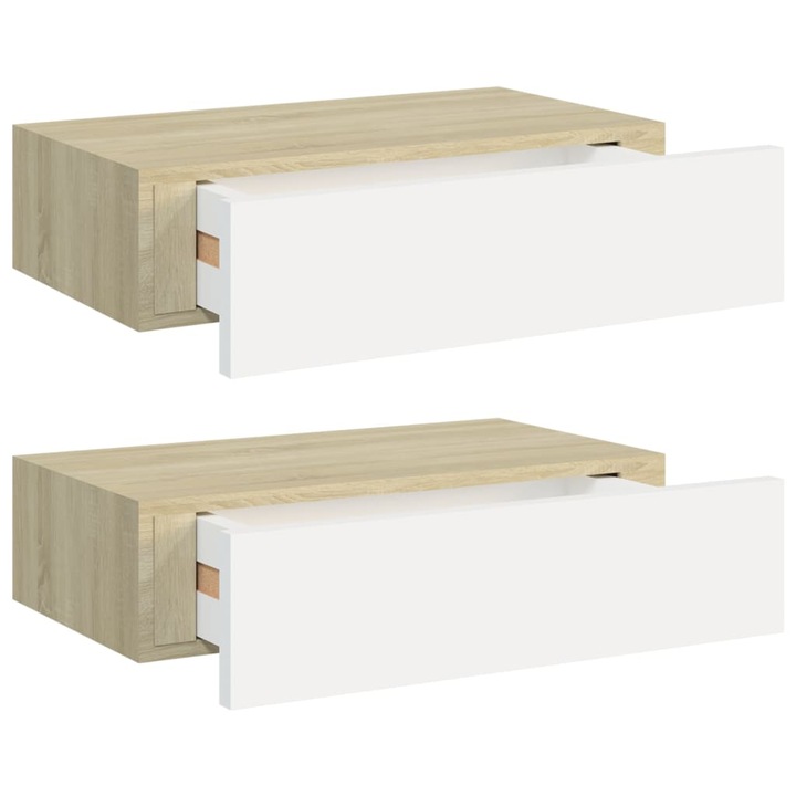 Комплект стенни рафтове с чекмеджета vidaXL, 2 бр, дъб и бял, 40x23,5x10 см, МДФ, 6.95 Kg