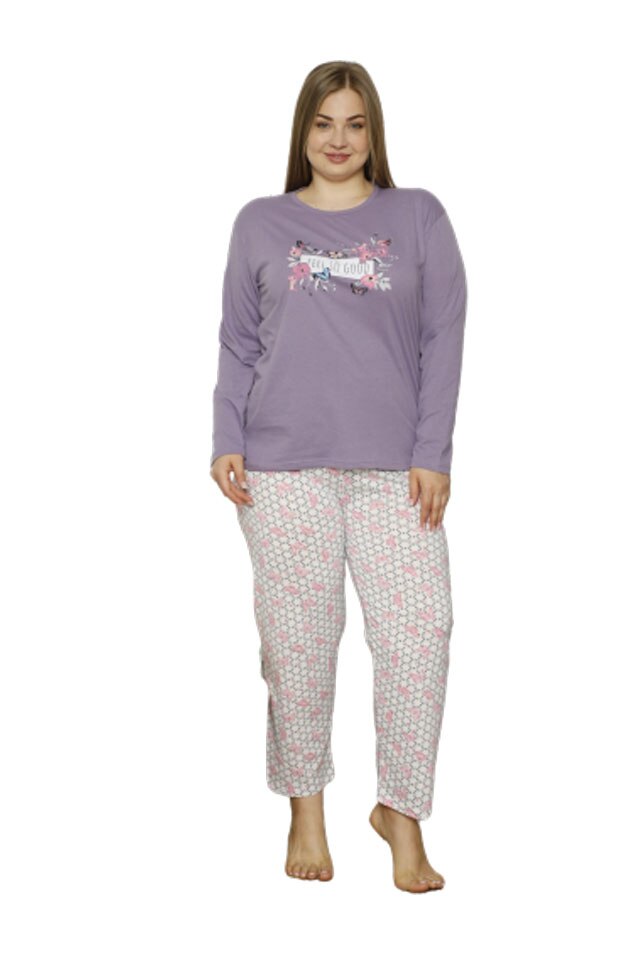 Pijamale dama Serena, maneca lunga, pantaloni lungi,imprimeu feels so good, Mov