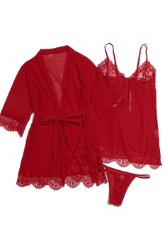 Set 3 piese, lenjerie tip pijama sexy, halat, bustiera si chiloti tanga, EFAYN.RO, Rosu, One Size Set 3 piese, lenjerie tip pijama sexy, halat, bustiera si chiloti tanga, EFAYN.RO, Rosu, One Size