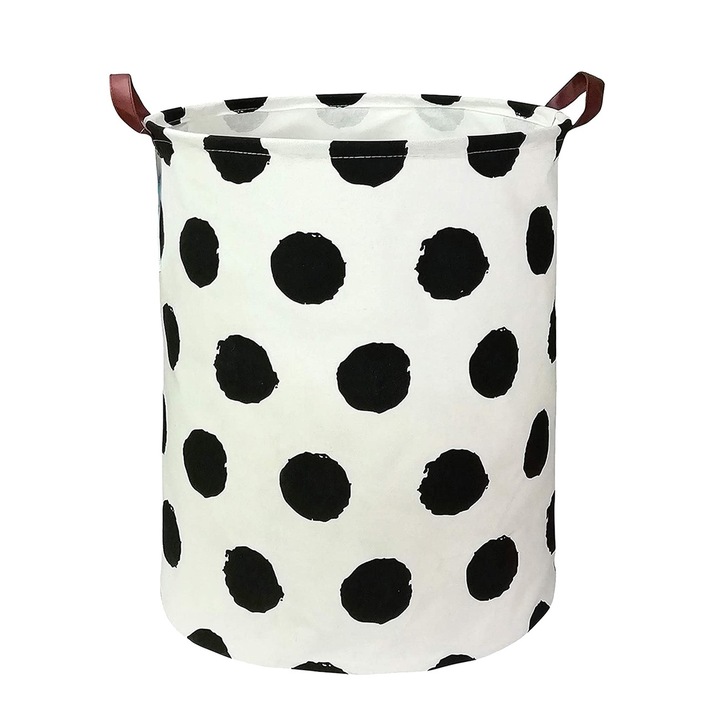 Сгъваем кош за играчки SIPO, Пране, Водоустойчив, 42x35 CM, XL, Памук, 43 L, Големи точки, Бял / Черен