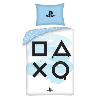 Set lenjerie de pat pentru copii Playstation PS5 Light, 140x200 cm, 70x90 cm, Bumbac 100%, Albastru Set lenjerie de pat pentru copii Playstation PS5 Light, 140x200 cm, 70x90 cm, Bumbac 100%, Albastru