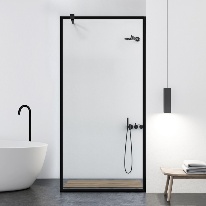 Aqua Class® Black 50x195 cm zuhanyfal, fekete Frame modell, víztiszta biztonsági üveg