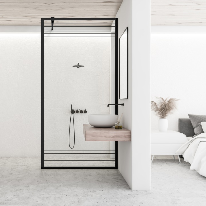 Paravan dus walk-in Aqua Class ® Black, model Fence negru, feronerie full inox negru mat, sticla clara, securizata, 70x195 cm