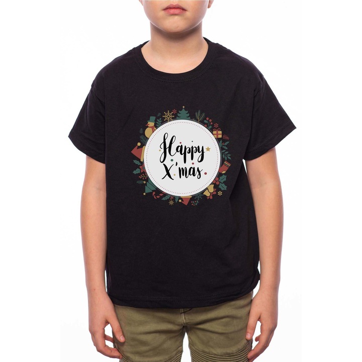 Pamut kerek nyakú póló fiúnak, Happy Xmas, G173, Fekete