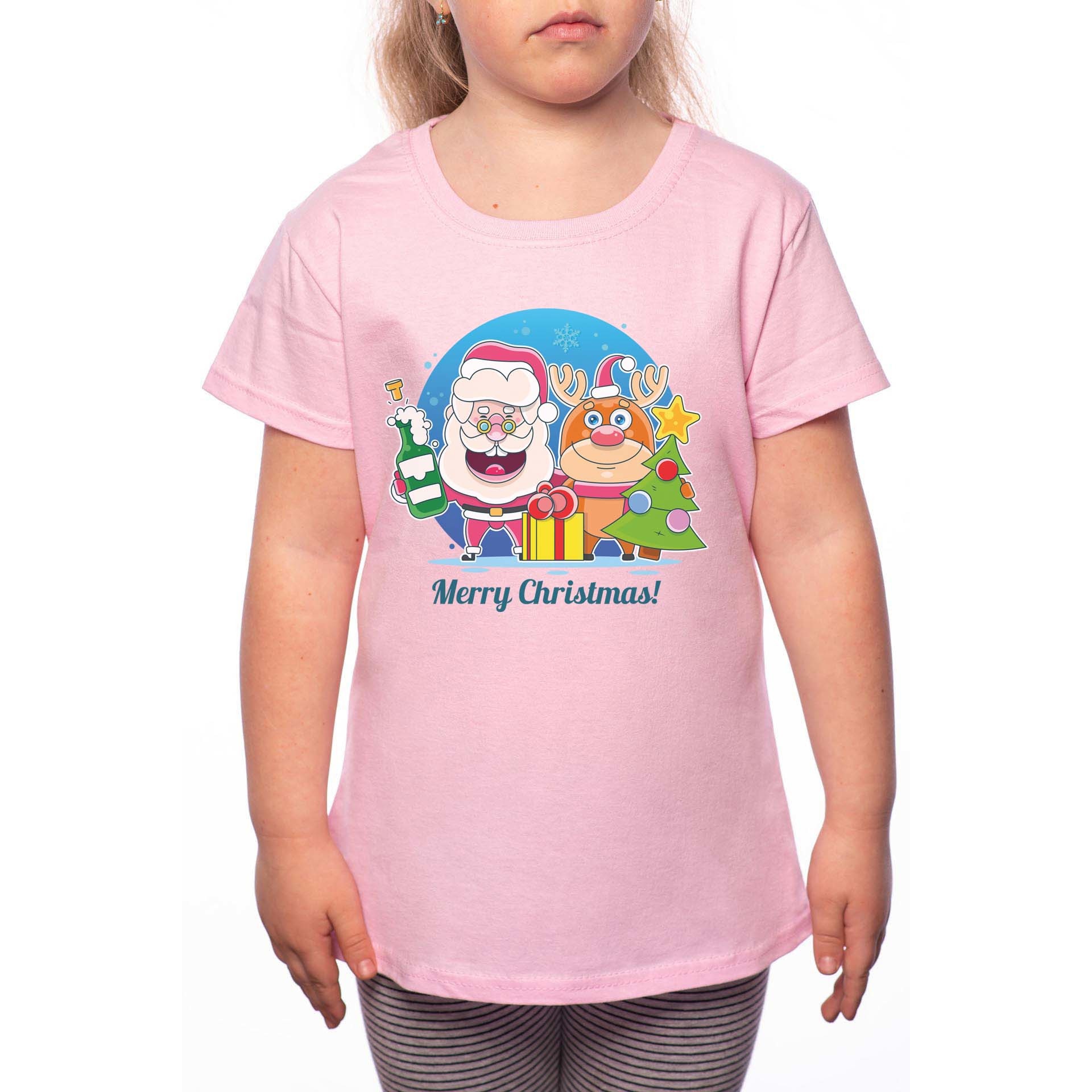 Tricou Fetita, Santa And Rudolph, 100% Bumbac, W174, Roz