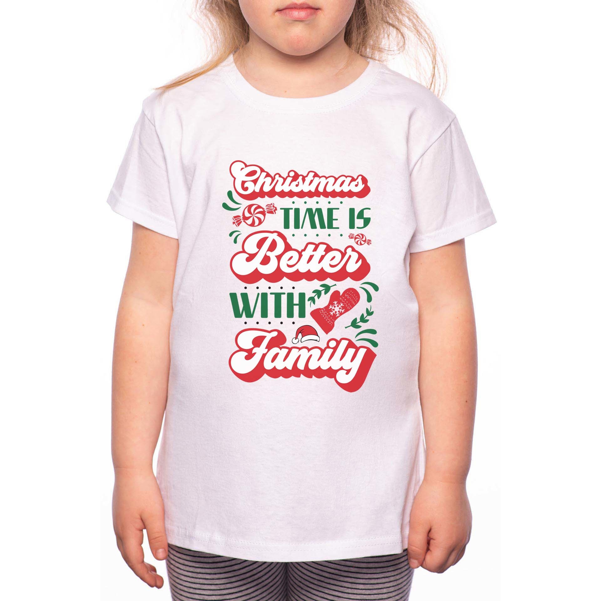 Tricou Fetita, Christmas Time Is Better With Famlily, 100% Bumbac, R178, Alb