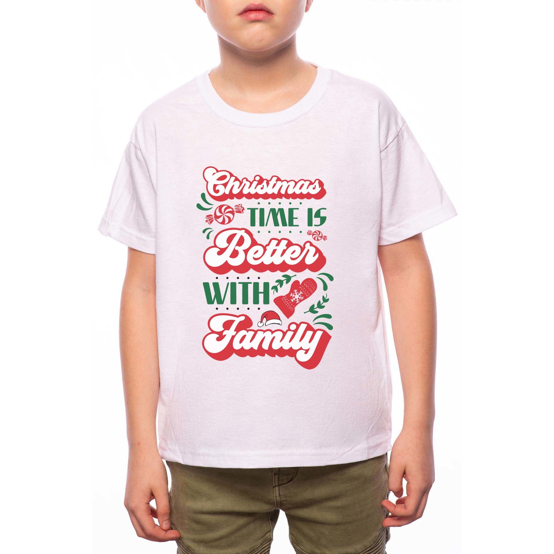 Tricou Baiat, Christmas Time Is Better With Famlily, 100% Bumbac, A178, Alb