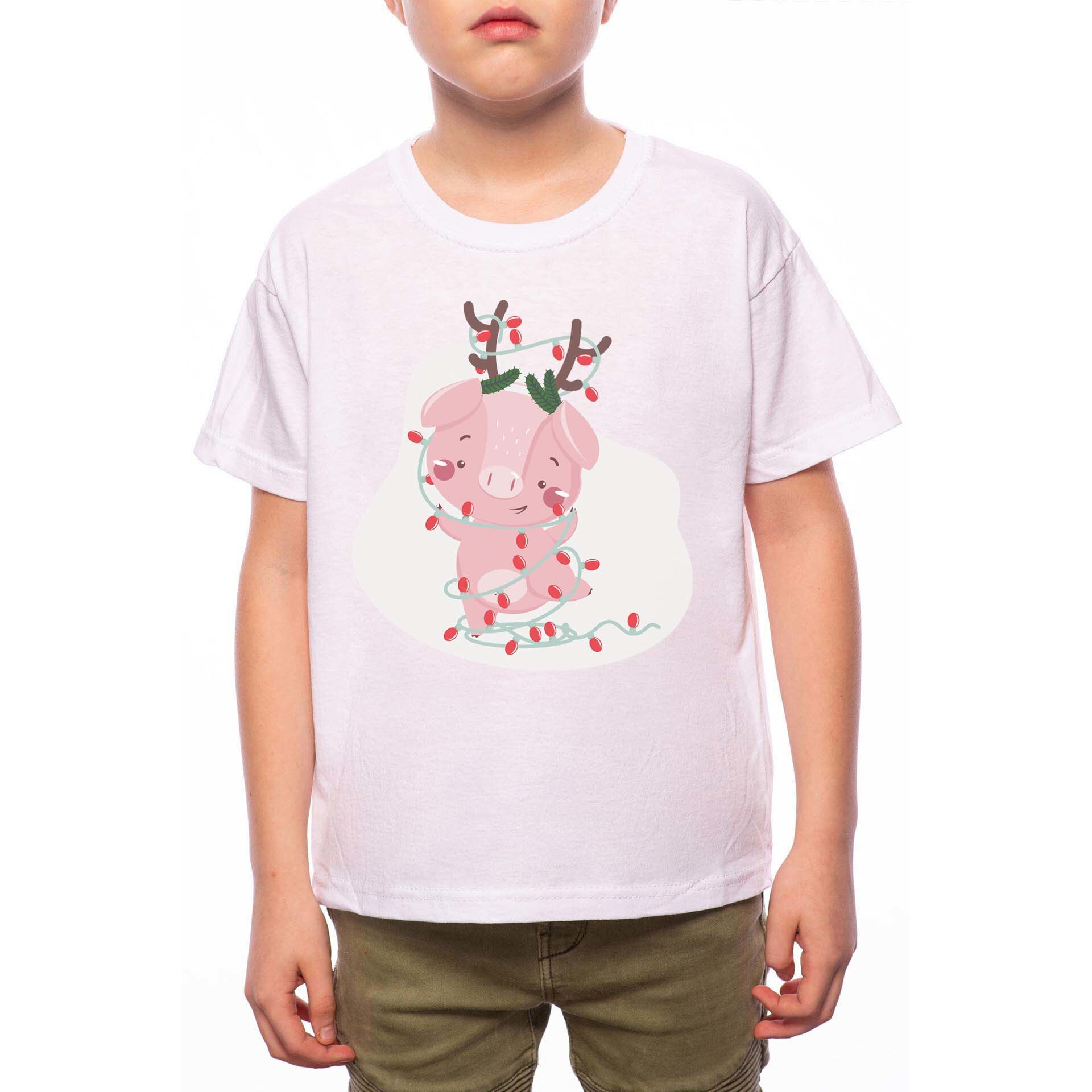 Tricou Baiat, Christmas Pig, 100% Bumbac, W182, Alb
