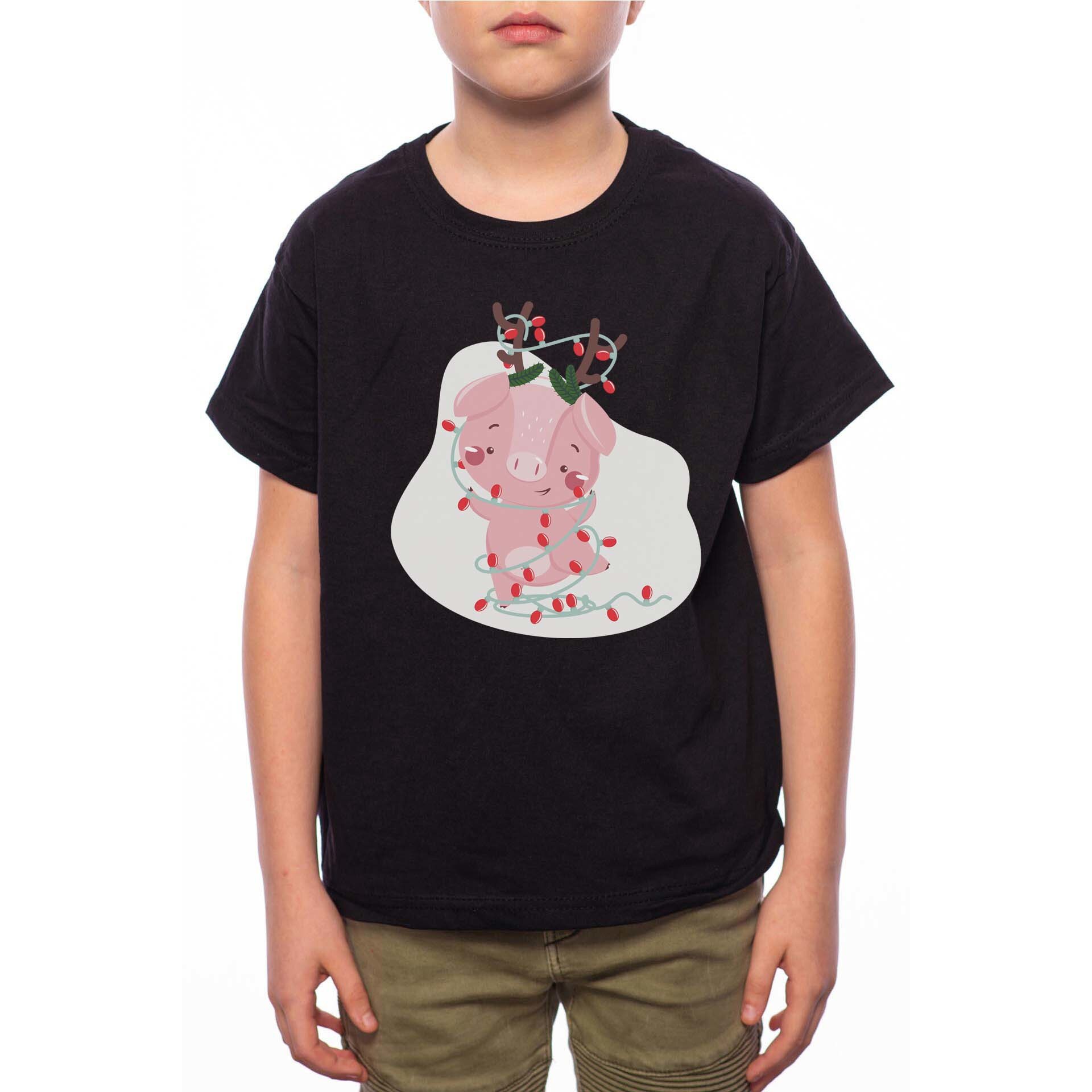 Tricou Baiat, Christmas Pig, 100% Bumbac, W182, Negru