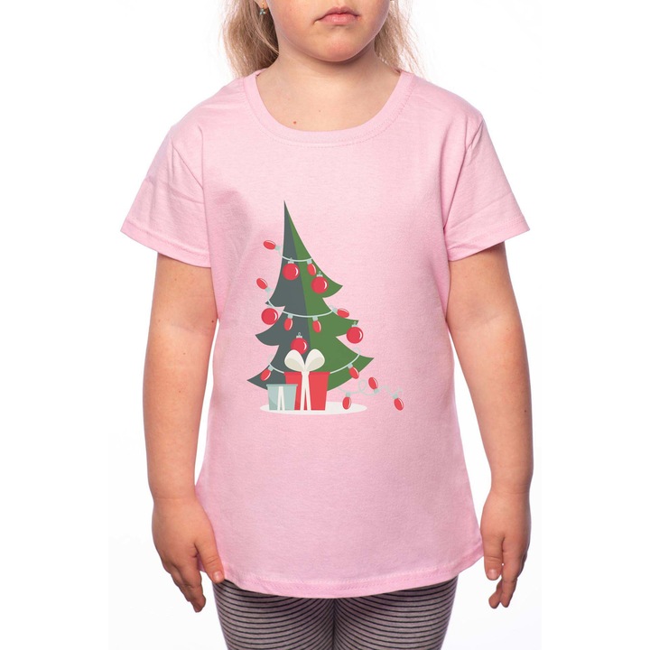 Pamut kerek nyakú póló lánynak, Christmas Tree, W183, Rózsaszín