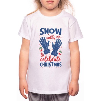 Tricou Fetita, Snow Calls Me, 100% Bumbac, P184, Alb Tricou Fetita, Snow Calls Me, 100% Bumbac, P184, Alb