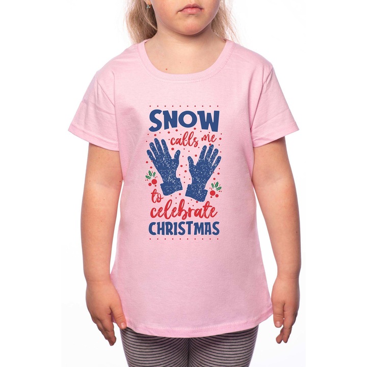 Pamut kerek nyakú póló lánynak, Snow Calls Me, W184, Rózsaszín