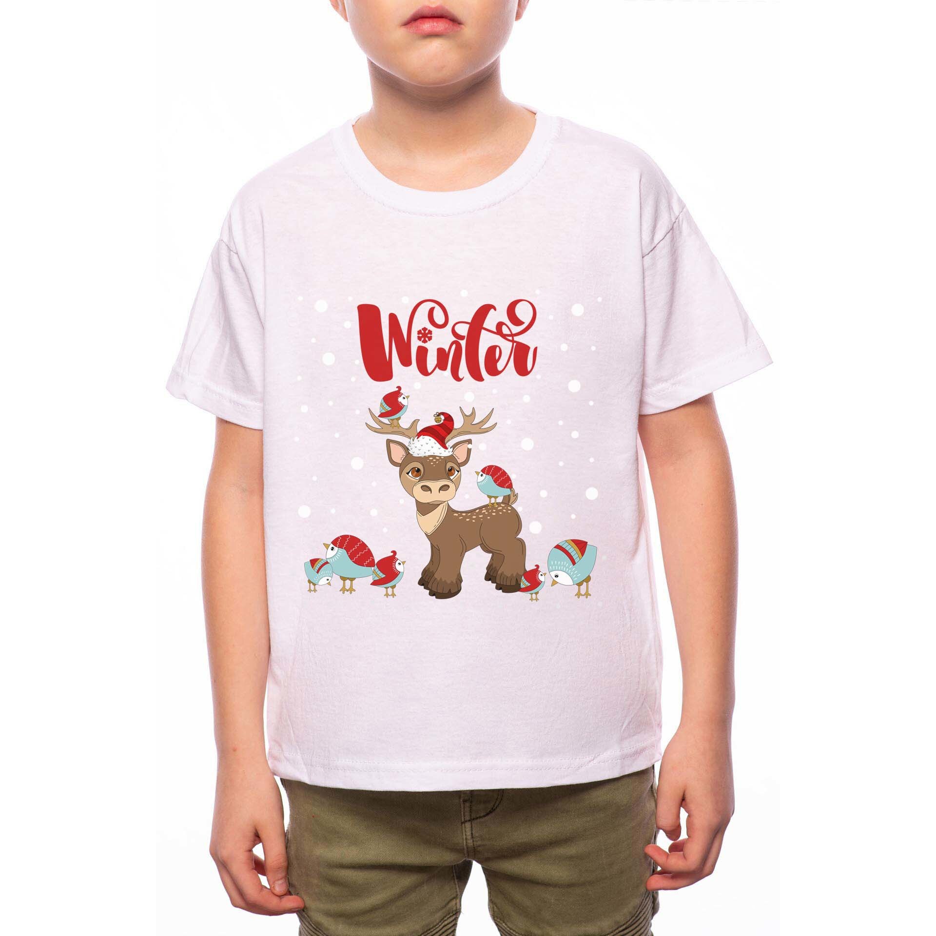 Tricou Baiat, Winter Deer And Birds, 100% Bumbac, A189, Alb