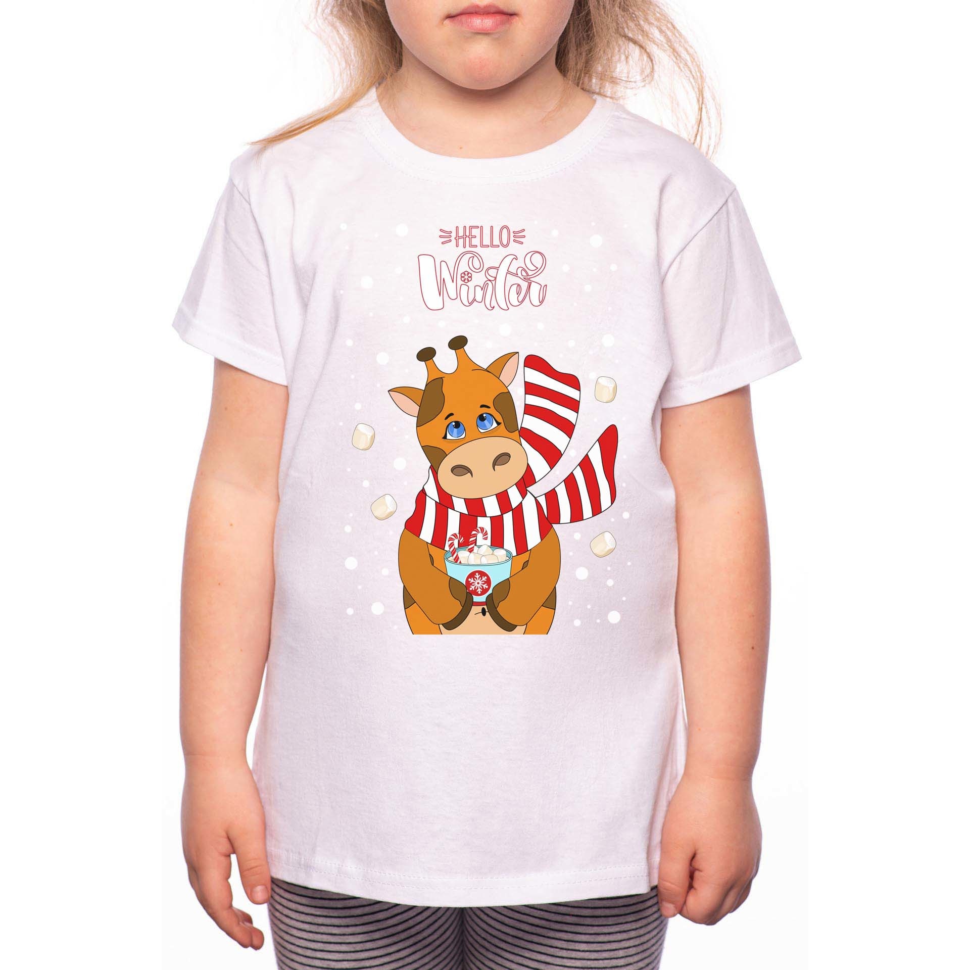 Tricou Fetita, Winter Giraffe, 100% Bumbac, P190, Alb
