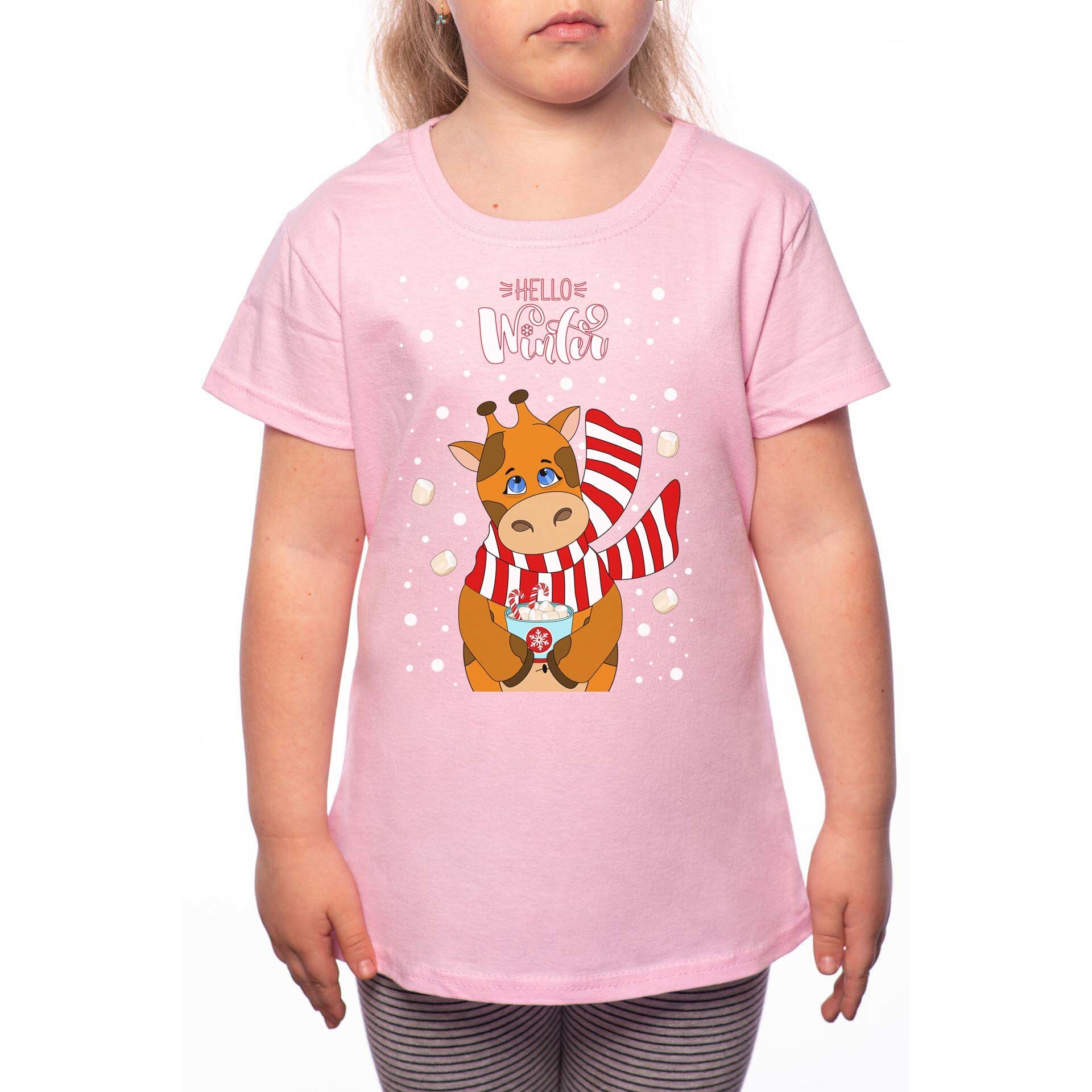 Tricou Fetita, Winter Giraffe, 100% Bumbac, P190, Roz