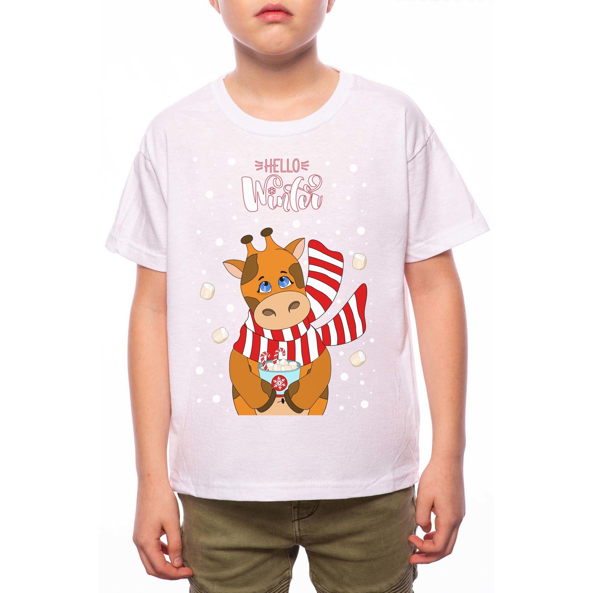 Tricou Baiat, Winter Giraffe, 100% Bumbac, G190, Alb