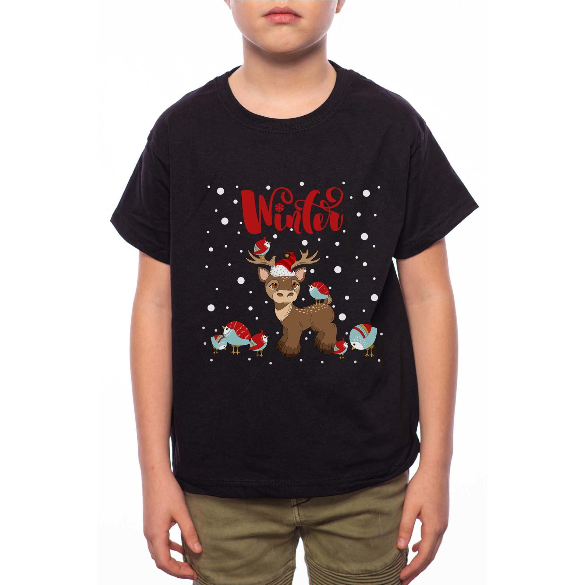 Tricou Baiat, Winter Deer And Birds, 100% Bumbac, A189, Negru