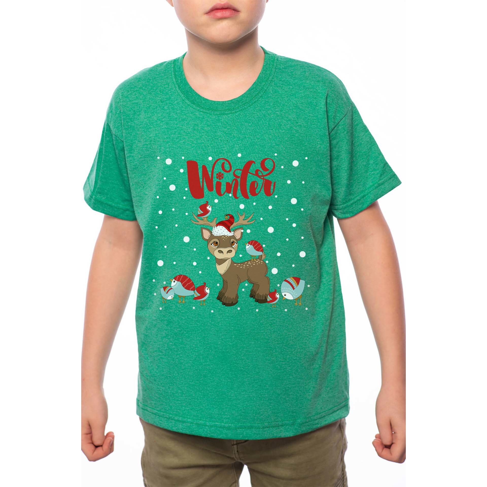 Tricou Baiat, Winter Deer And Birds, 100% Bumbac, A189, Verde