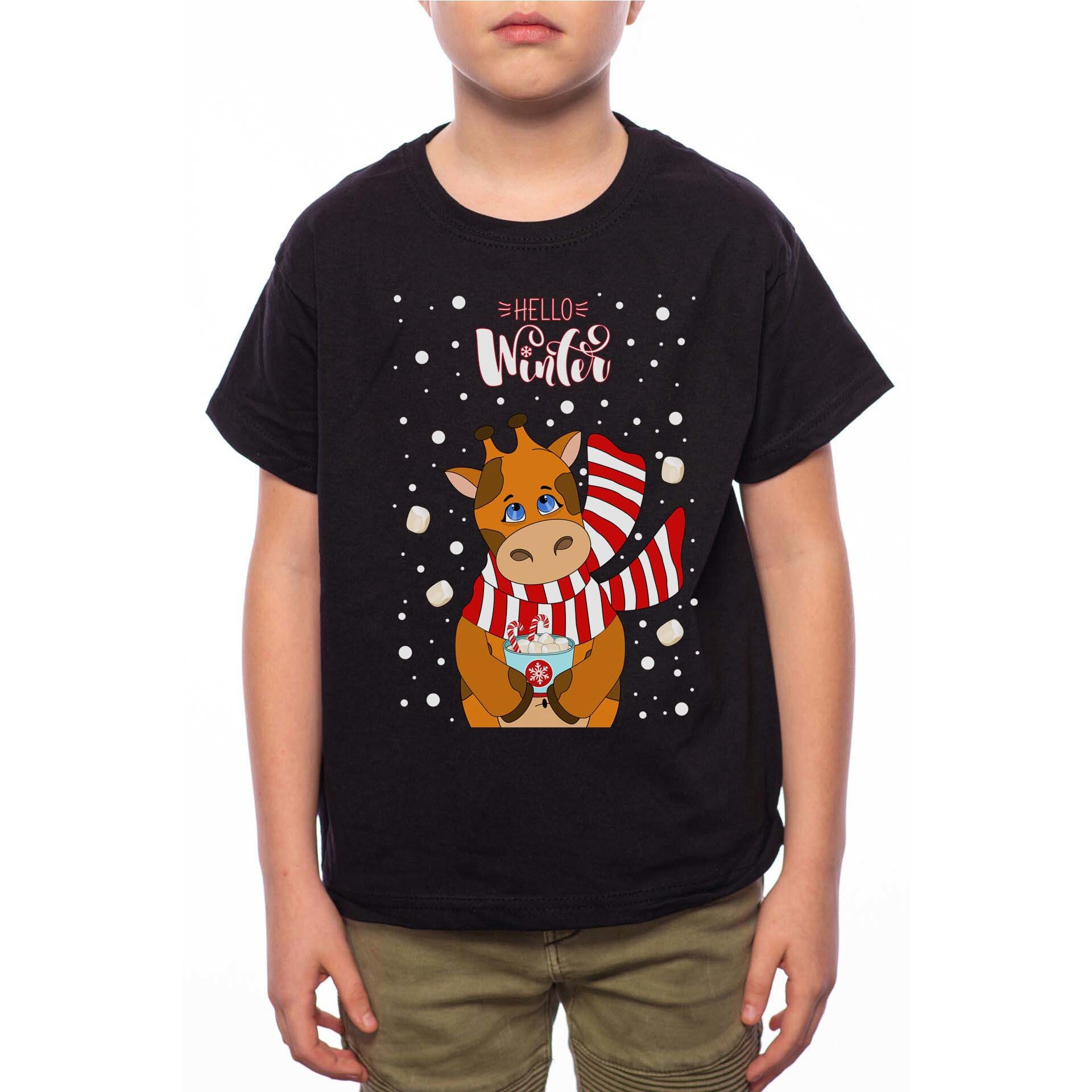 Tricou Baiat, Winter Giraffe, 100% Bumbac, G190, Negru