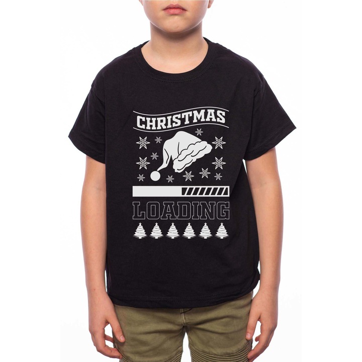 Pamut kerek nyakú póló fiúnak, Christmas Loading, B197, Fekete