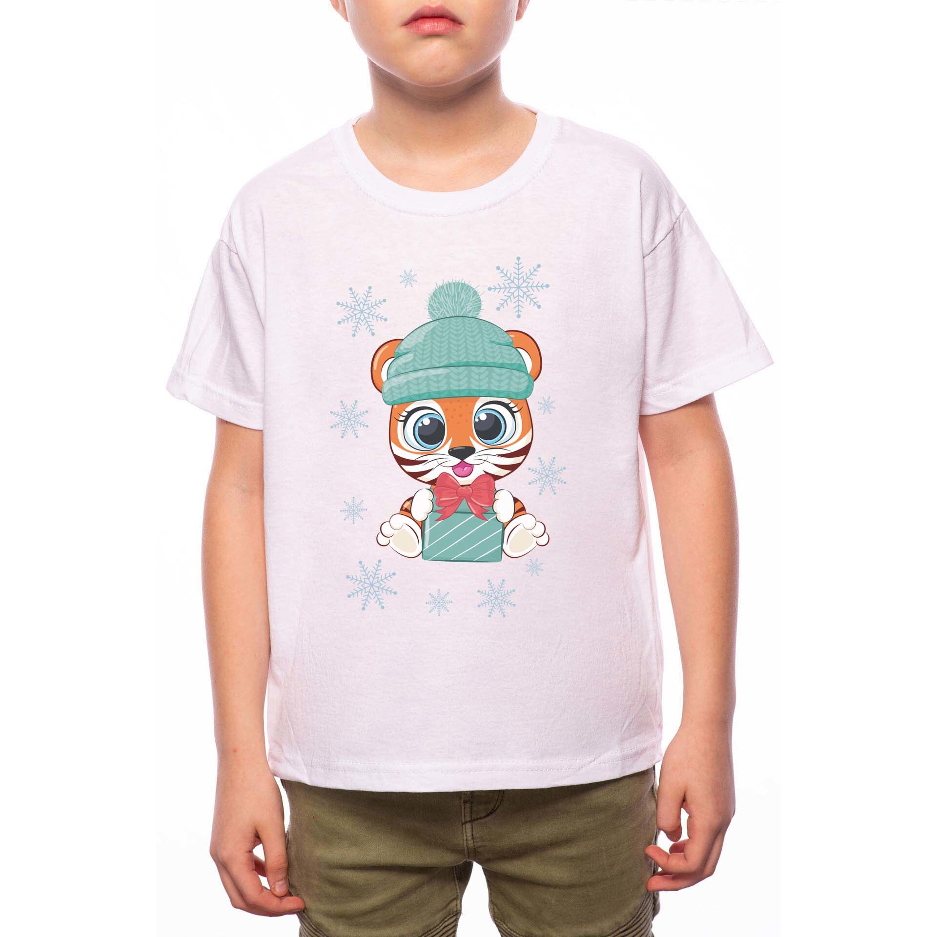Tricou Baiat, Cute Winter Tiger, 100% Bumbac, G200, Alb