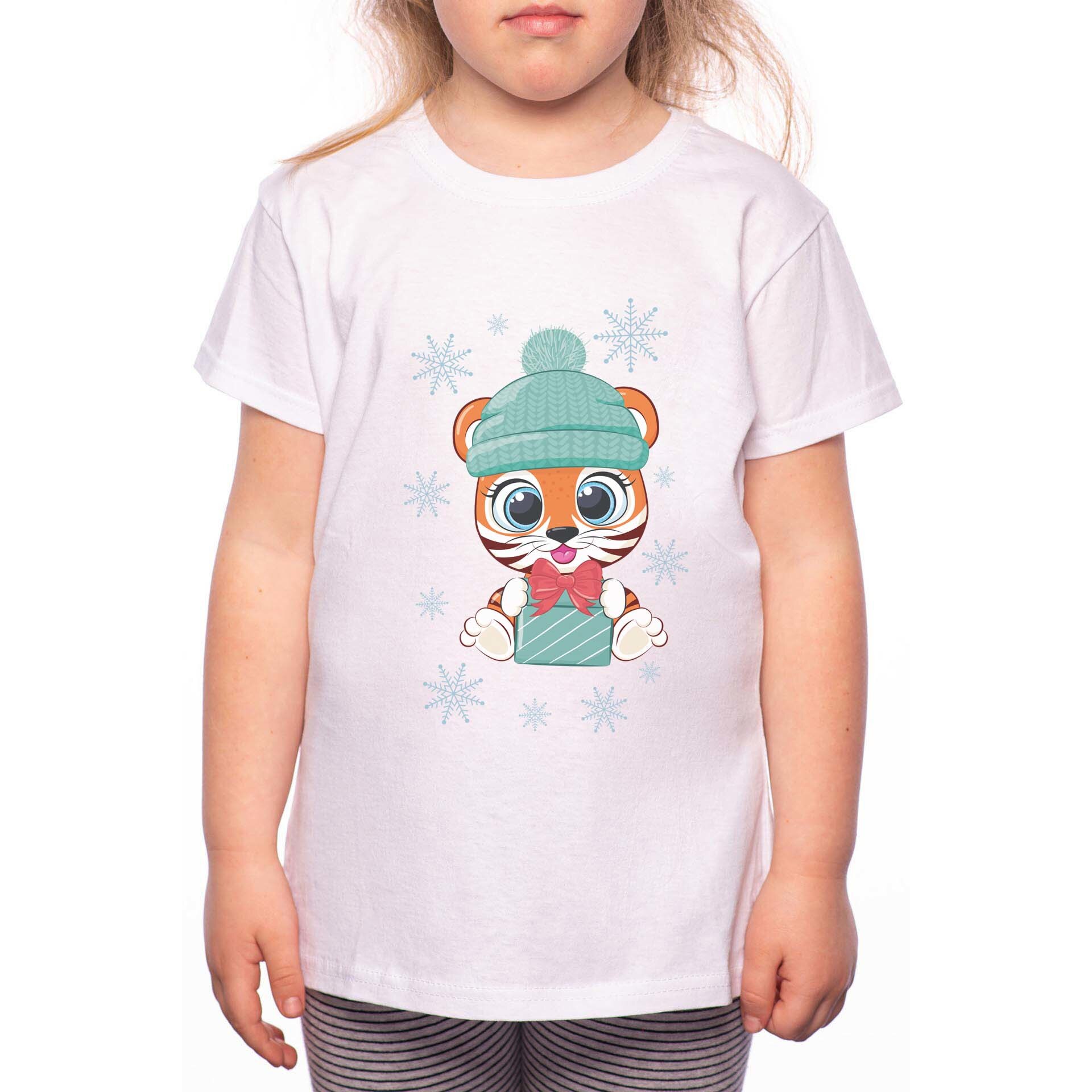 Tricou Fetita, Cute Winter Tiger, 100% Bumbac, P200, Alb