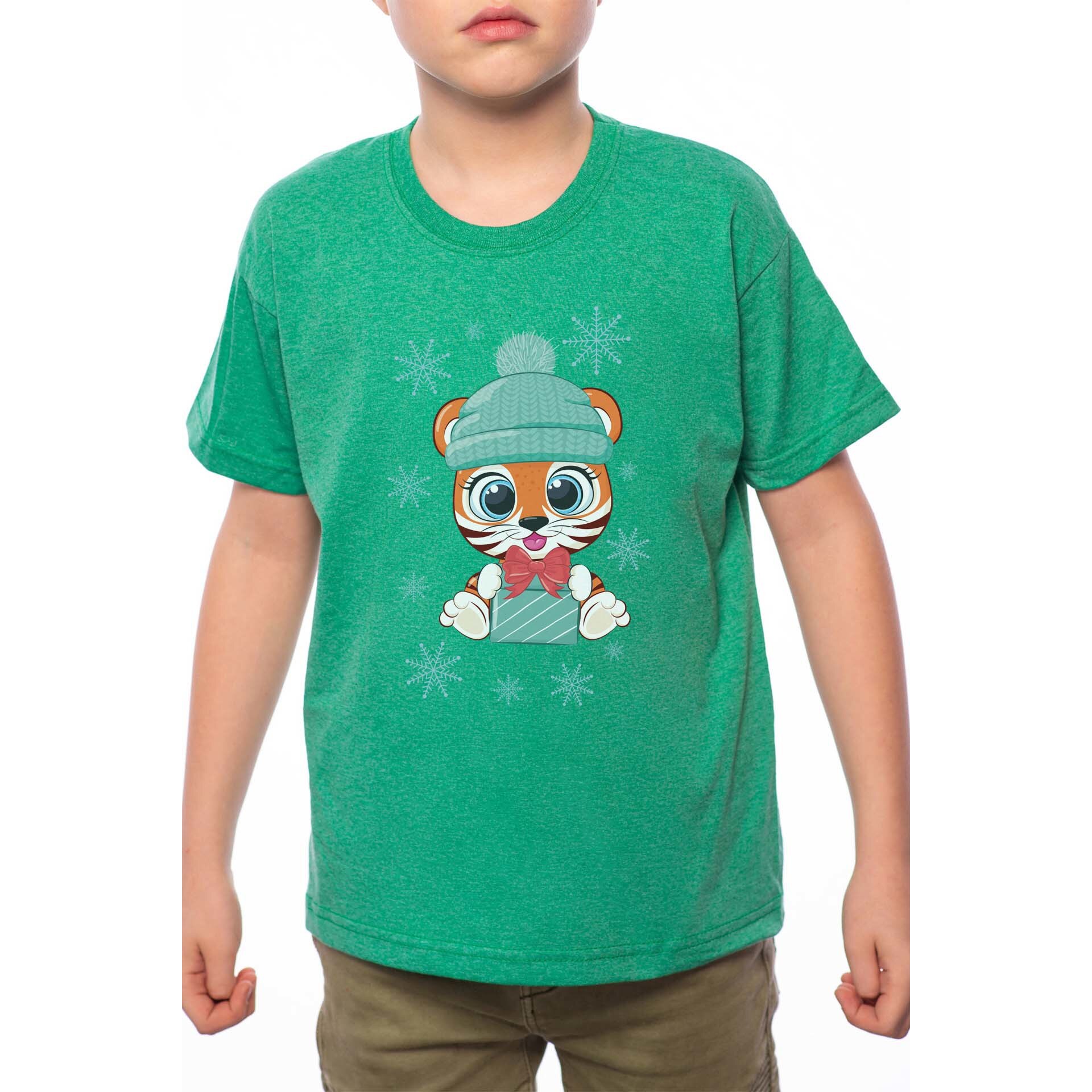 Tricou Baiat, Cute Winter Tiger, 100% Bumbac, G200, Verde