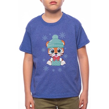 Tricou Baiat, Cute Winter Tiger, 100% Bumbac, G200, Albastru Tricou Baiat, Cute Winter Tiger, 100% Bumbac, G200, Albastru