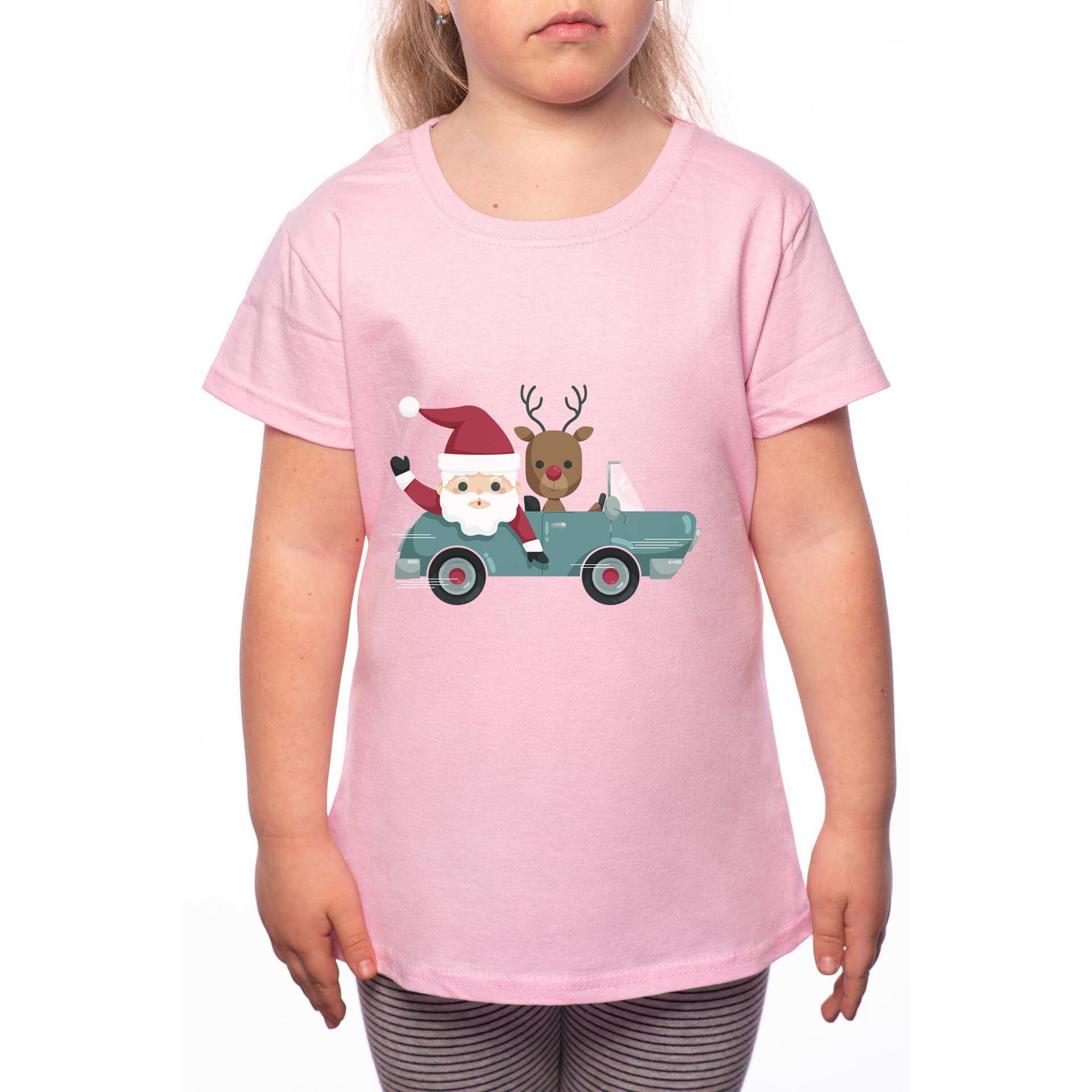 Tricou Fetita, Santa And Rudolph Traveling, 100% Bumbac, P203, Roz