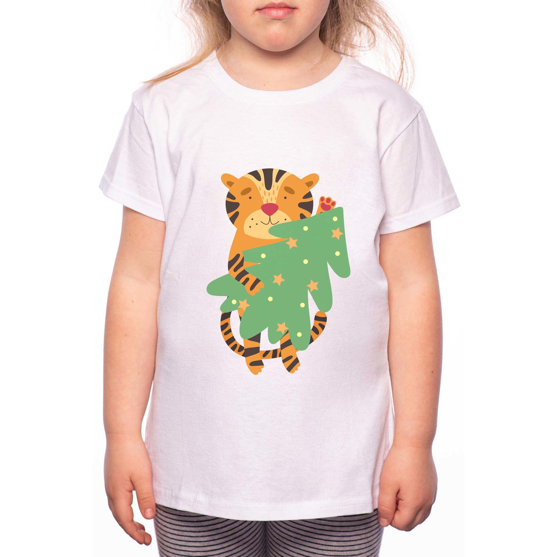 Tricou Fetita, Tiger Holding Christmas Tree, 100% Bumbac, W205, Alb