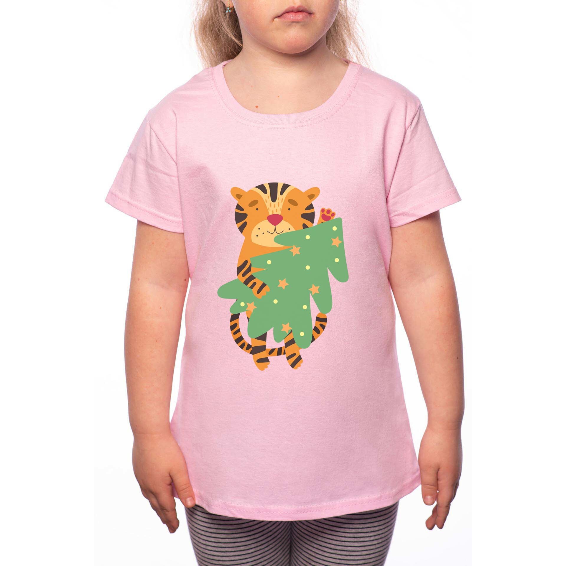 Tricou Fetita, Tiger Holding Christmas Tree, 100% Bumbac, W205, Roz