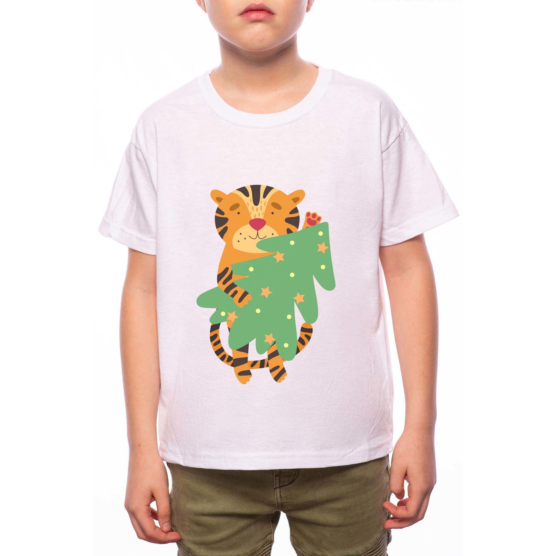 Tricou Baiat, Tiger Holding Christmas Tree, 100% Bumbac, G205, Alb