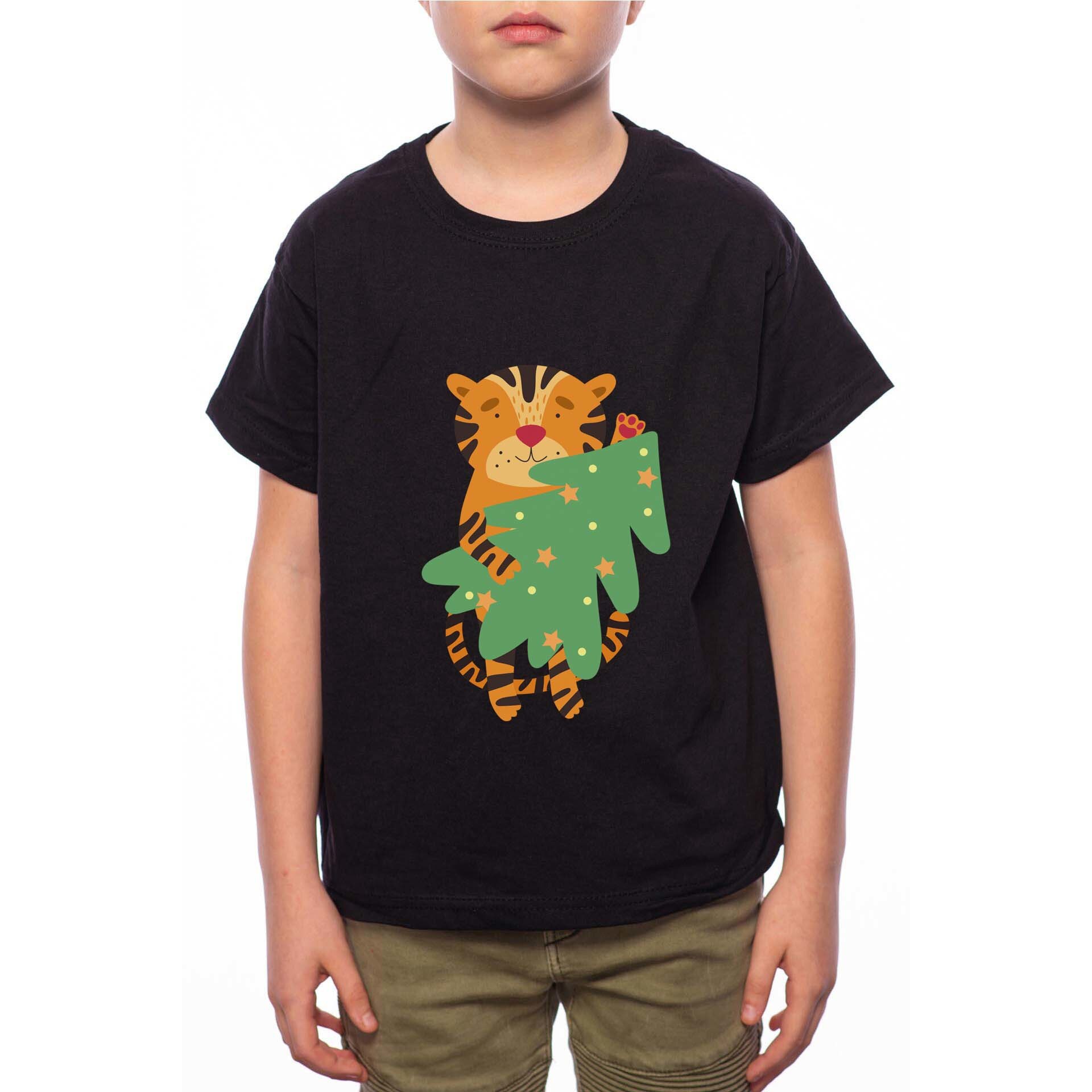 Tricou Baiat, Tiger Holding Christmas Tree, 100% Bumbac, G205, Negru