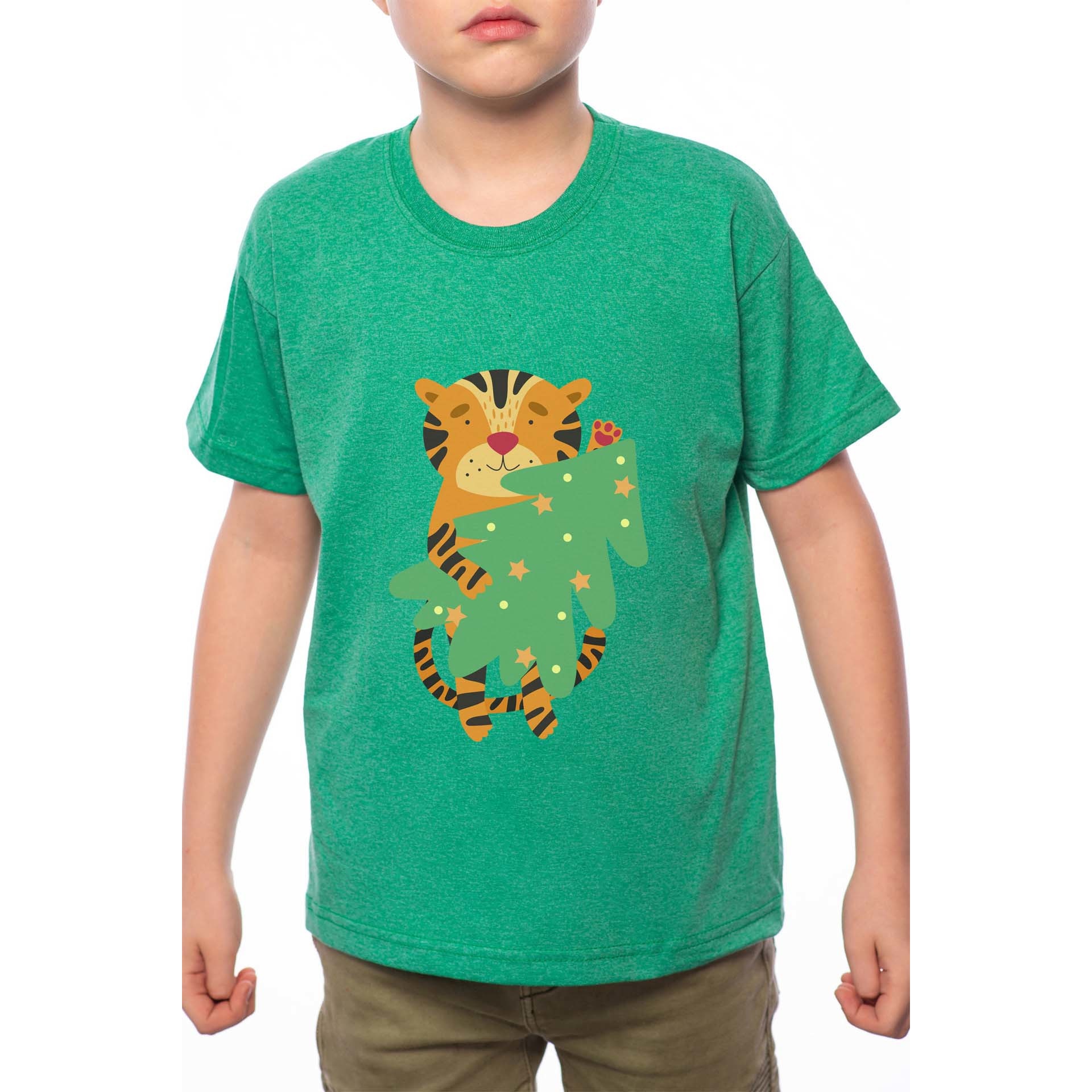 Tricou Baiat, Tiger Holding Christmas Tree, 100% Bumbac, G205, Verde