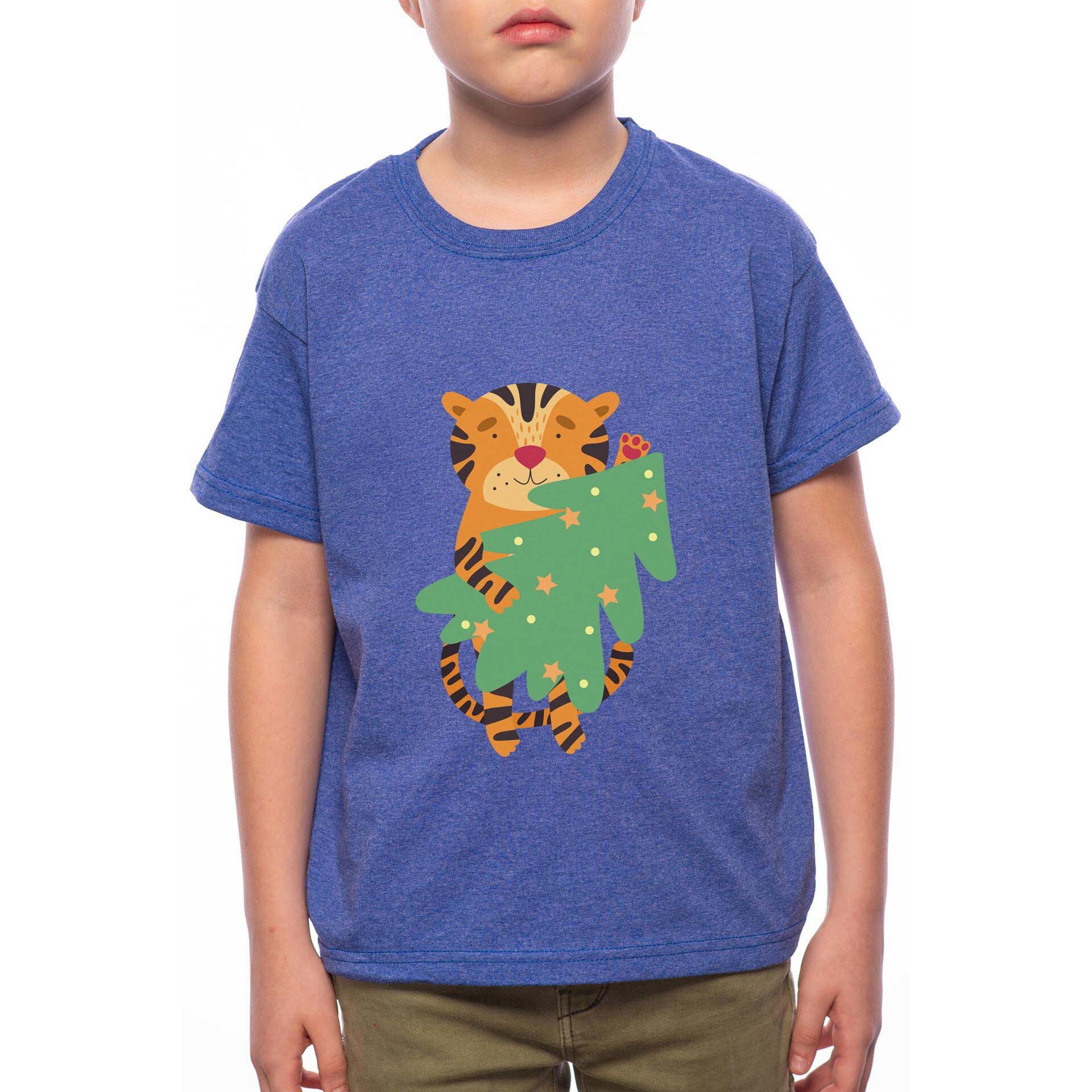 Tricou Baiat, Tiger Holding Christmas Tree, 100% Bumbac, G205, Albastru