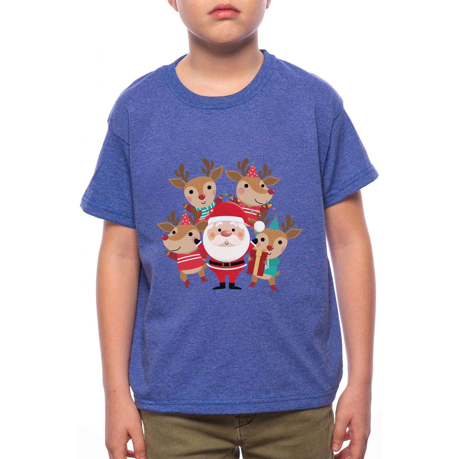 Tricou Baiat, Santa With His Deers, 100% Bumbac, B206, Albastru