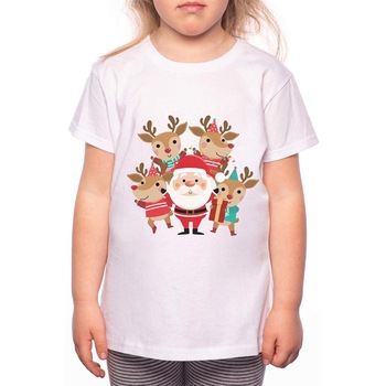 Tricou Fetita, Santa With His Deers, 100% Bumbac, P206, Alb Tricou Fetita, Santa With His Deers, 100% Bumbac, P206, Alb