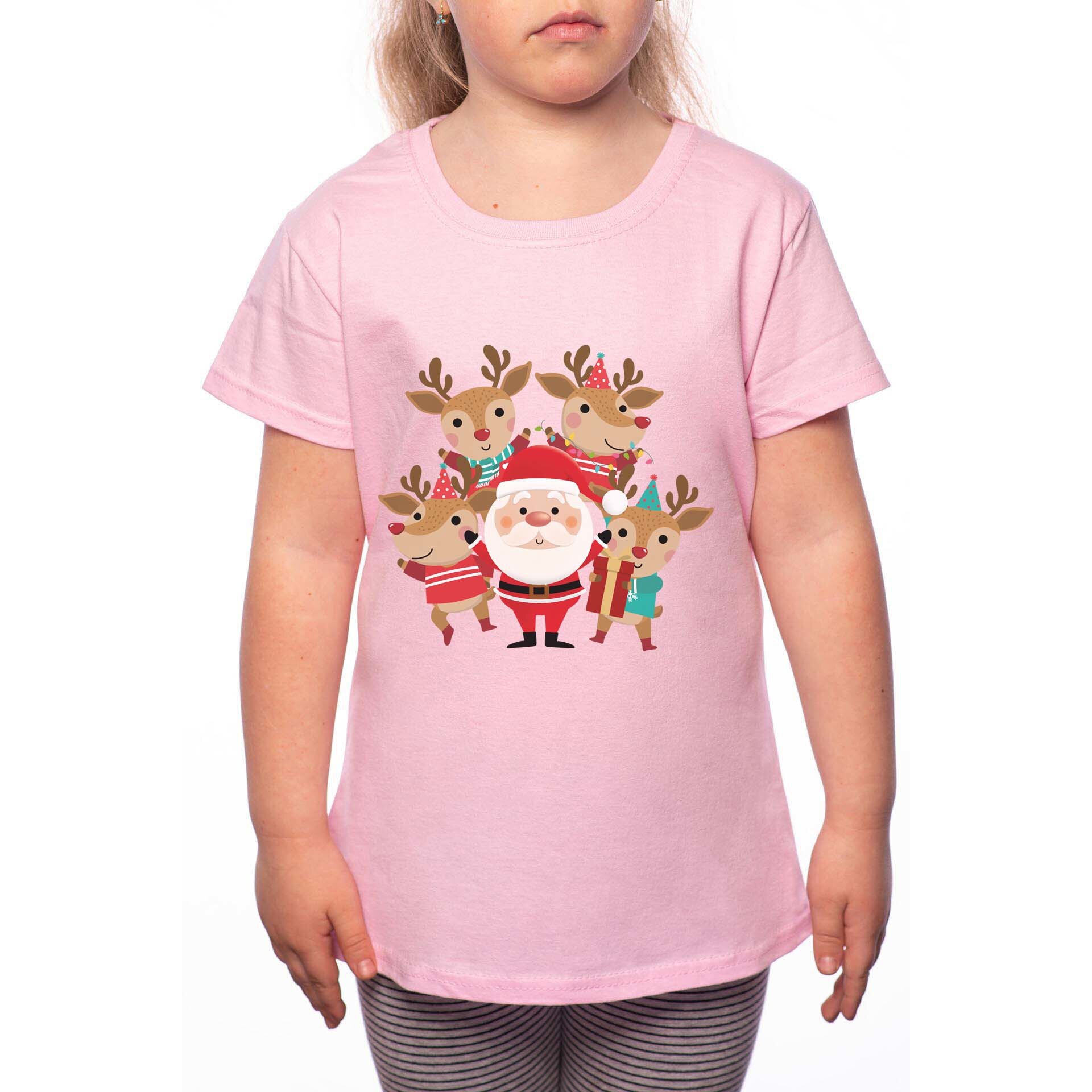 Tricou Fetita, Santa With His Deers, 100% Bumbac, P206, Roz