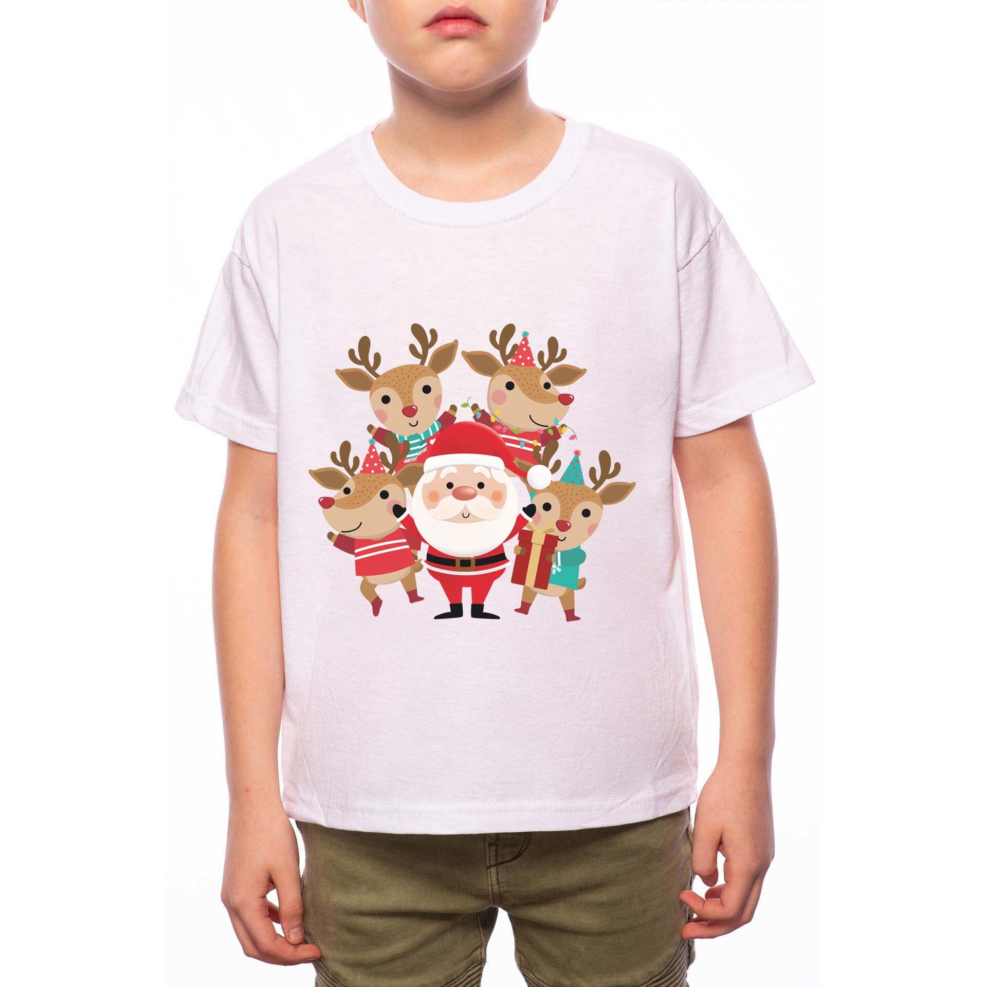 Tricou Baiat, Santa With His Deers, 100% Bumbac, B206, Alb