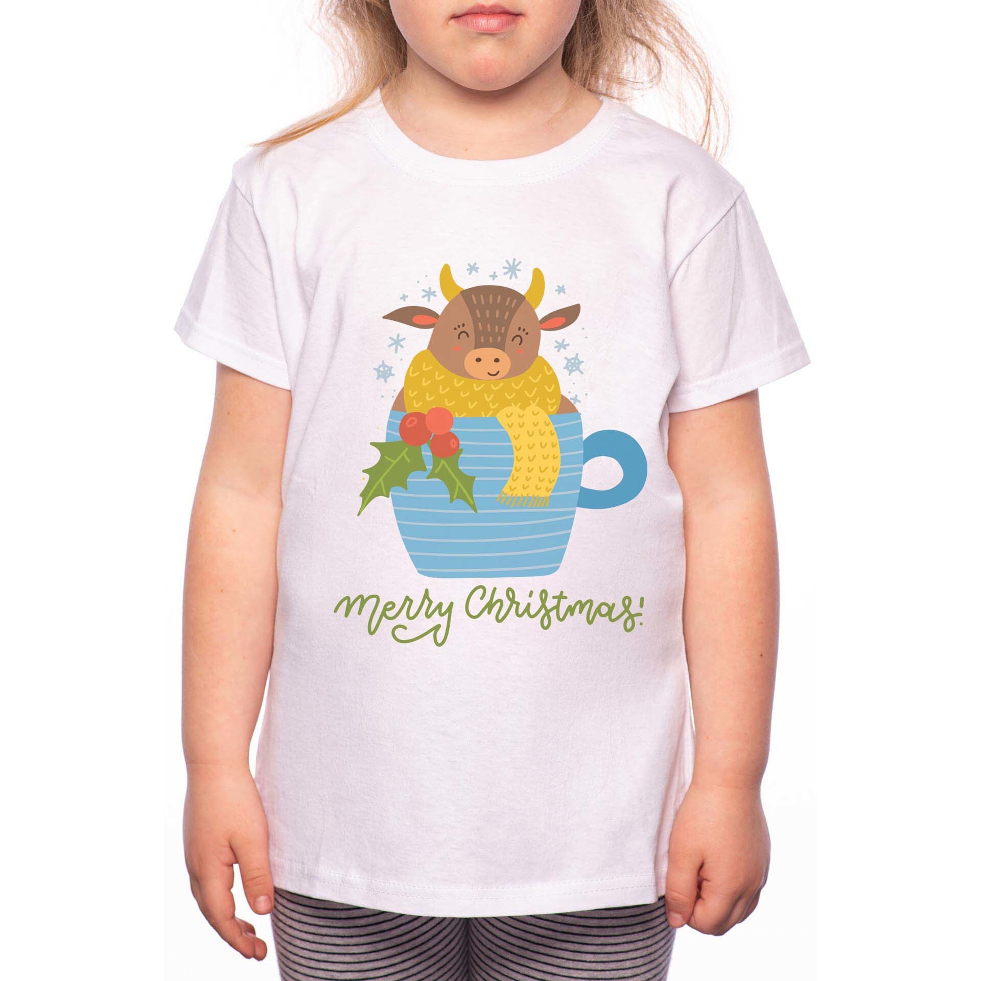 Tricou Fetita, Cow Wishing Merry Christmas, 100% Bumbac, P222, Alb