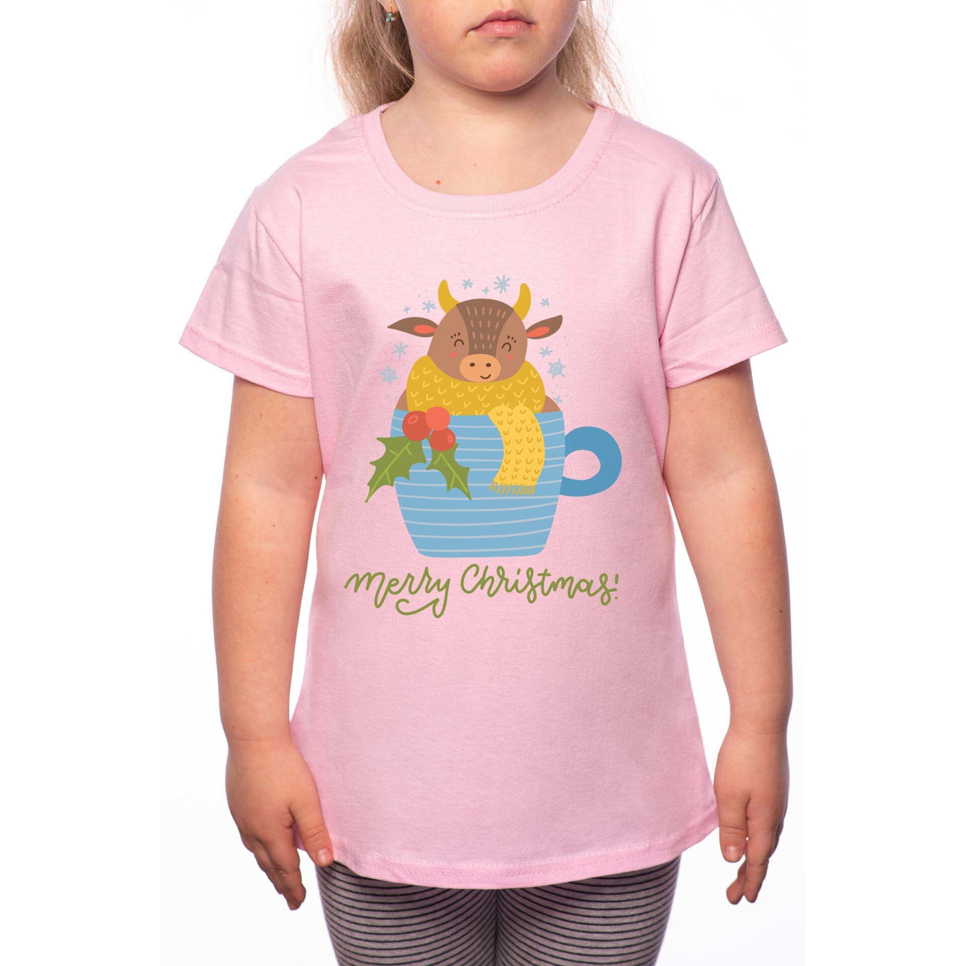 Tricou Fetita, Cow Wishing Merry Christmas, 100% Bumbac, P222, Roz
