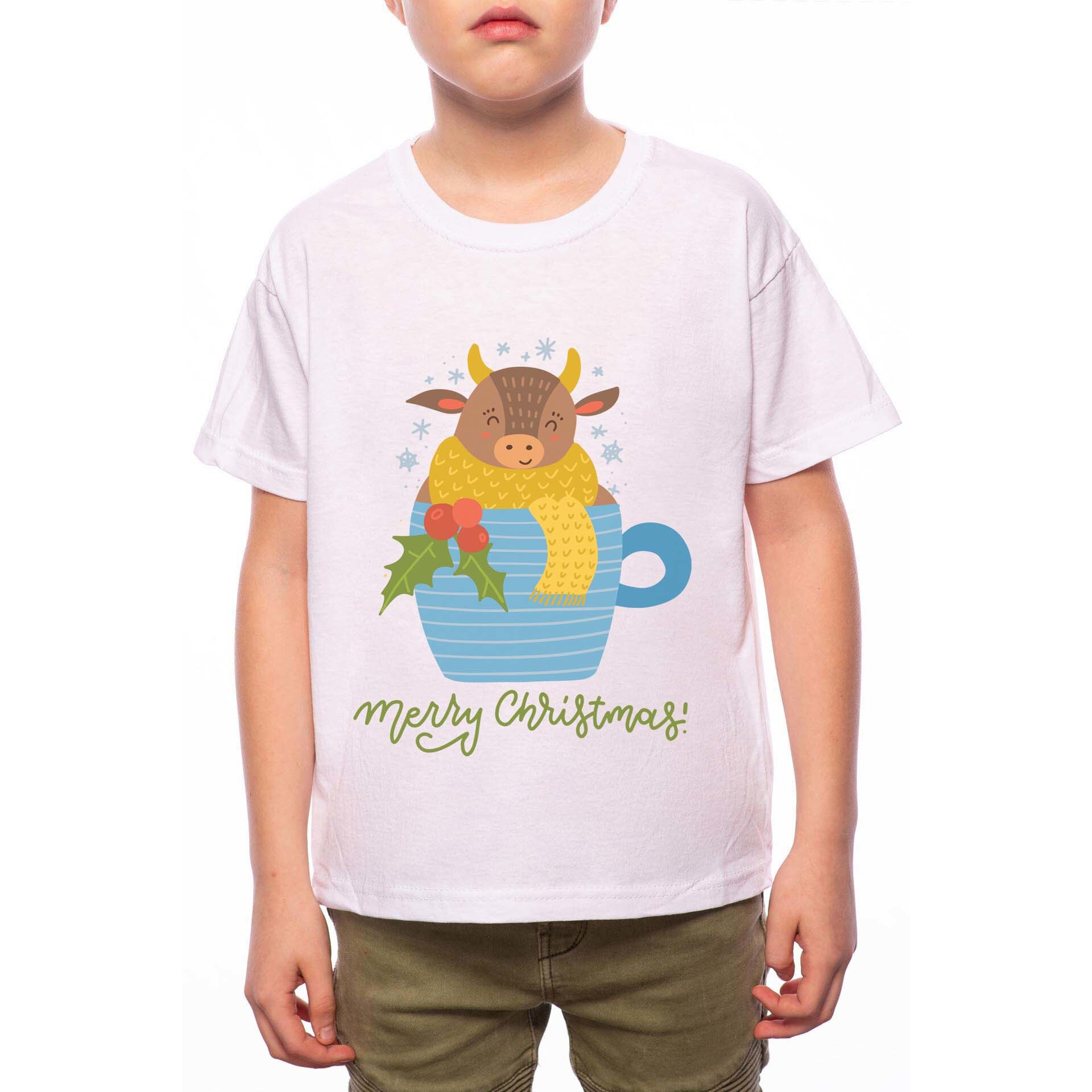 Tricou Baiat, Cow Wishing Merry Christmas, 100% Bumbac, G222, Alb