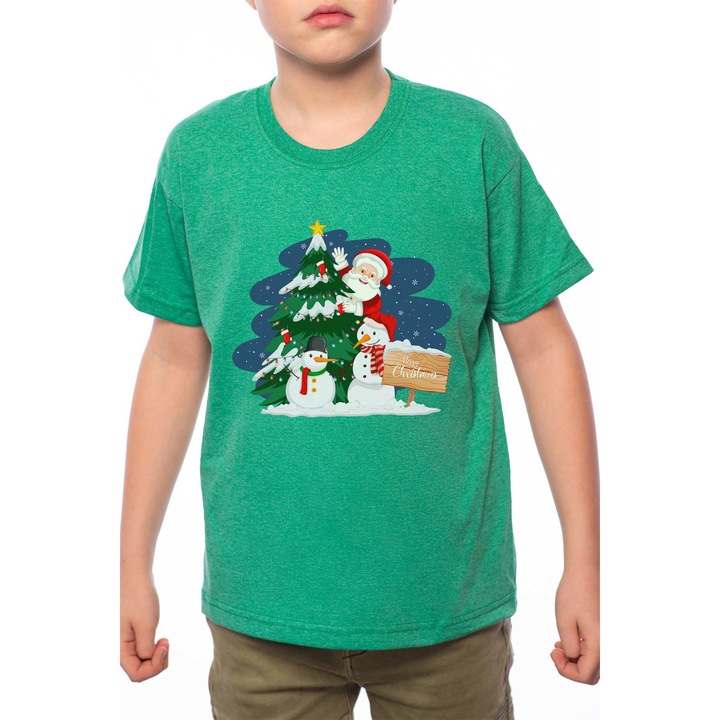 Pamut kerek nyakú póló fiúnak, Christmas Peparation, B223, Zöld