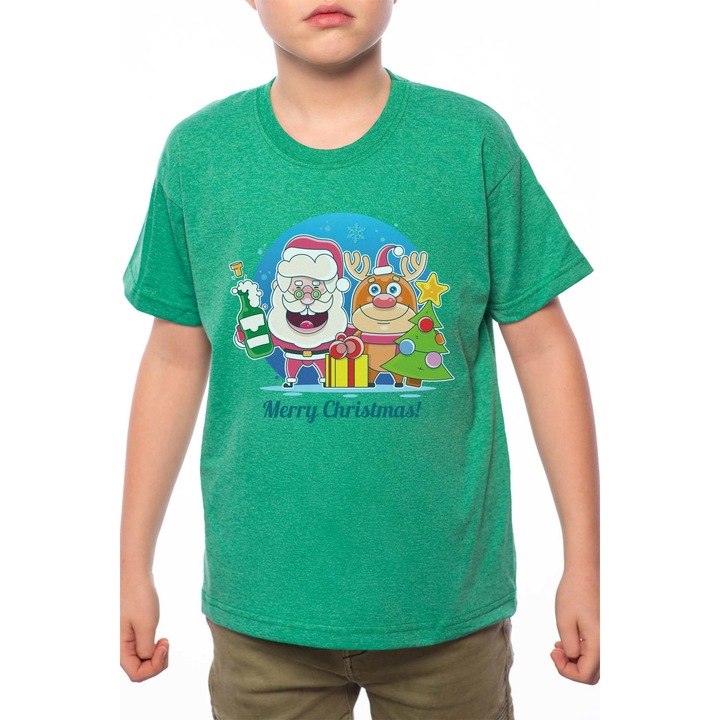Pamut kerek nyakú póló fiúnak, Santa And Rudolph, G174, Zöld