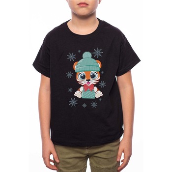 Tricou Baiat, Cute Winter Tiger, 100% Bumbac, G200, Negru Tricou Baiat, Cute Winter Tiger, 100% Bumbac, G200, Negru