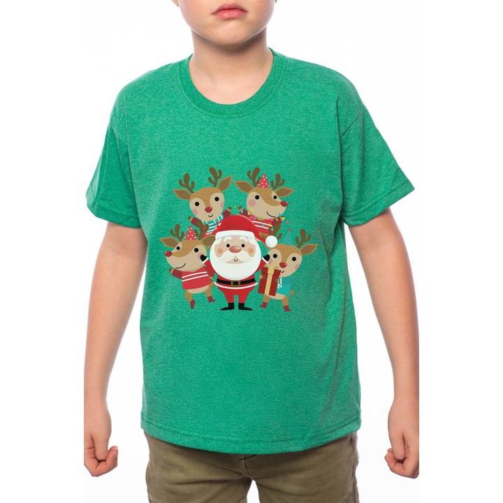 Pamut kerek nyakú póló fiúnak, Santa With His Deers, A206, Zöld