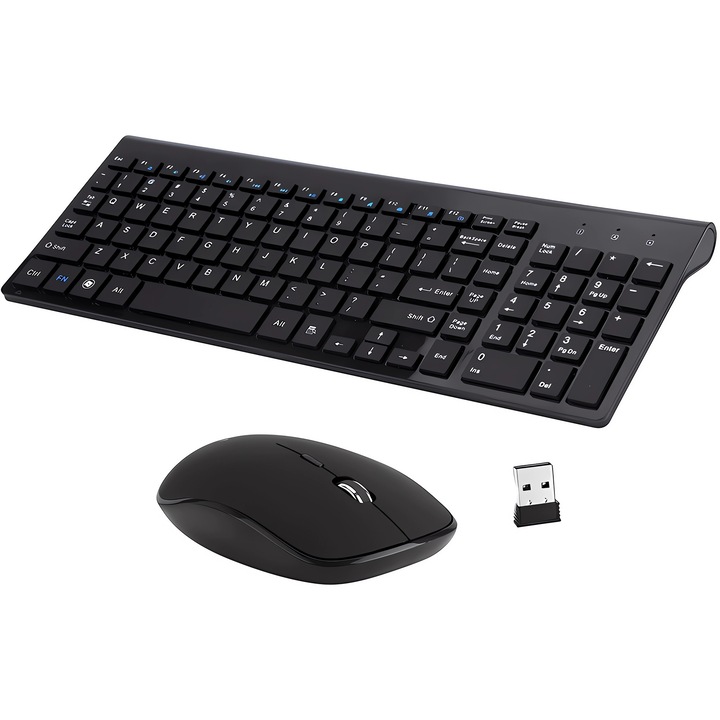 Set Universal Combo Tastatura si Mouse Premium Bervolo®, Wireless 2.4G, Click Scissor Switch, Versiune US, Negru