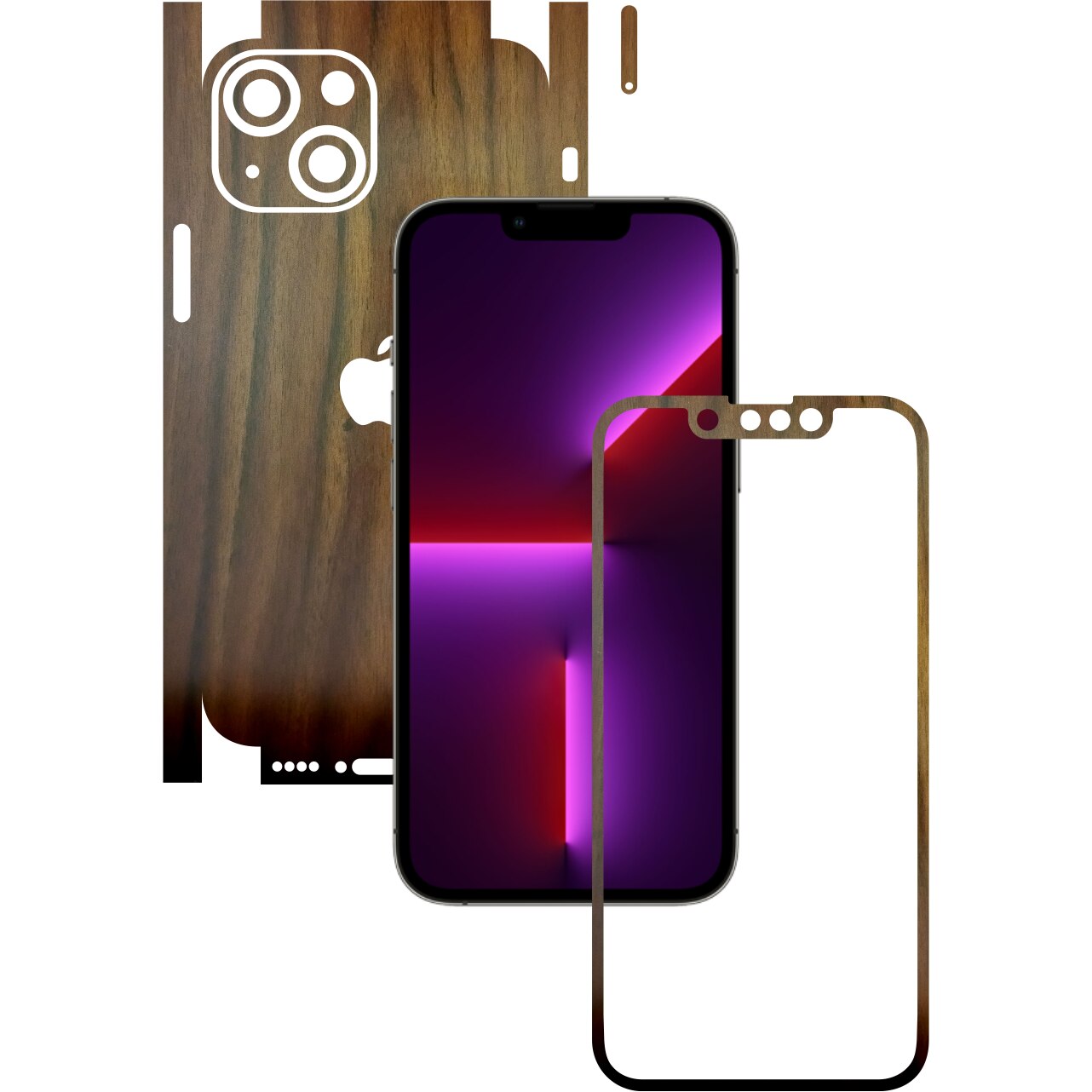 Folie Protectie Carbon Skinz pentru Apple iPhone 13 - Lemn Nuc 360 Cut, Skin Adeziv Full Body Cover pentru Rama Ecran, Carcasa Spate si Laterale